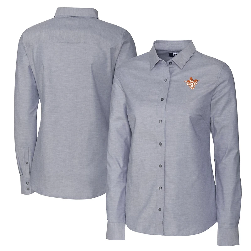 Chemise boutonnée à manches longues en tissu Oxford extensible tri-blend pour femme, couleur charbon, style Texas Longhorns Vault, Cutter & Buck