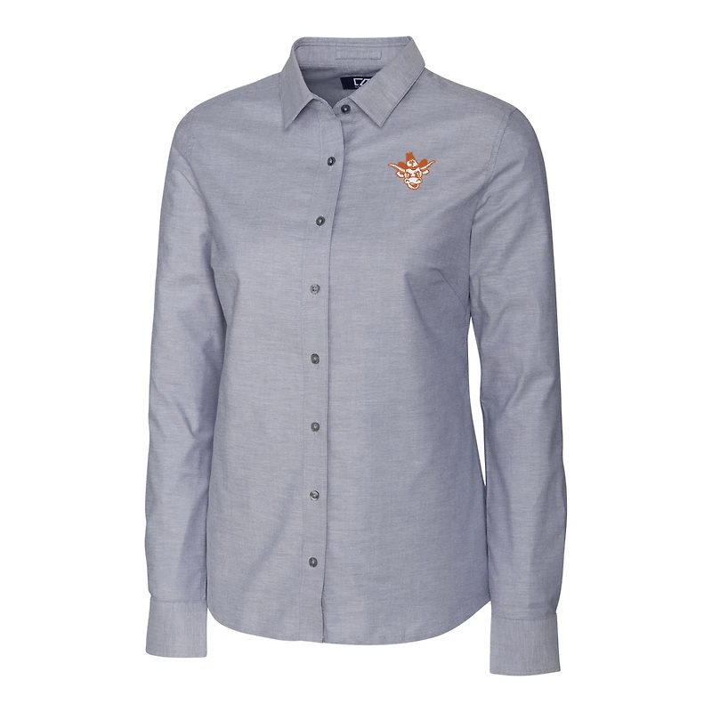 Chemise boutonnée à manches longues en tissu Oxford extensible tri-blend pour femme, couleur charbon, style Texas Longhorns Vault, Cutter & Buck