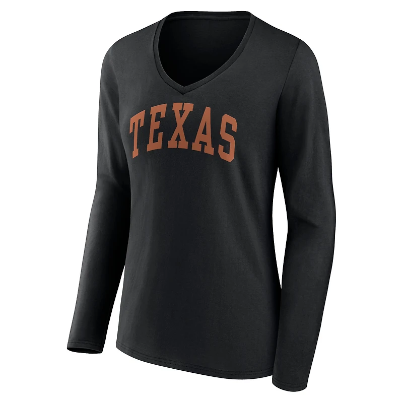 T-shirt noir à manches longues et col en V Fanatics pour femmes Texas Longhorns Basic Arch