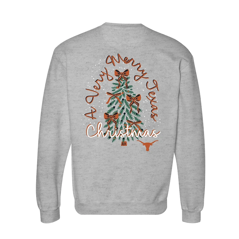 Women's  Heather Gray Texas Longhorns Classic Merry Christmas Tree Crewneck Sweatshirt