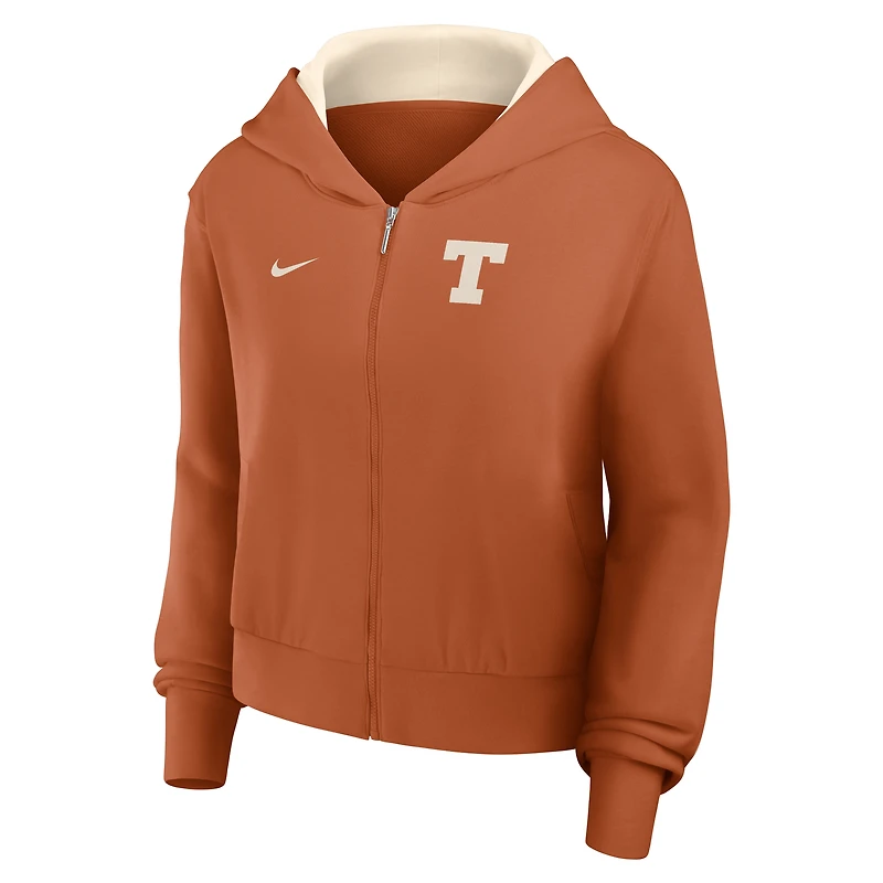 Sweat à capuche court zippé Nike Texas Orange Longhorns Mantra pour femme