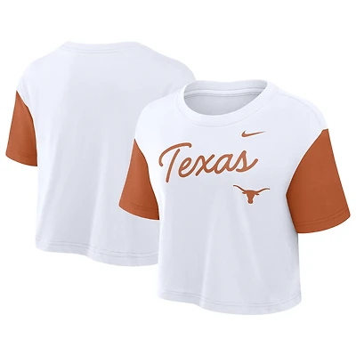 Women's Nike White/Burnt Orange Texas Longhorns Color-Block Script Dri-FIT Cropped T-Shirt