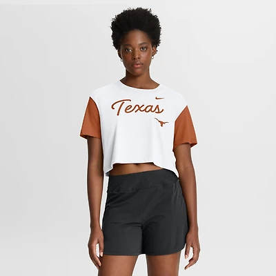 Women's Nike White/Burnt Orange Texas Longhorns Color-Block Script Dri-FIT Cropped T-Shirt