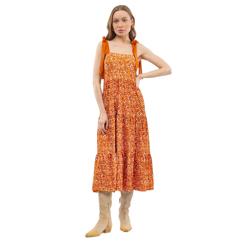 Robe longue orange Texas Longhorns à volants et épaules nouées pour femme Smith & Quinn
