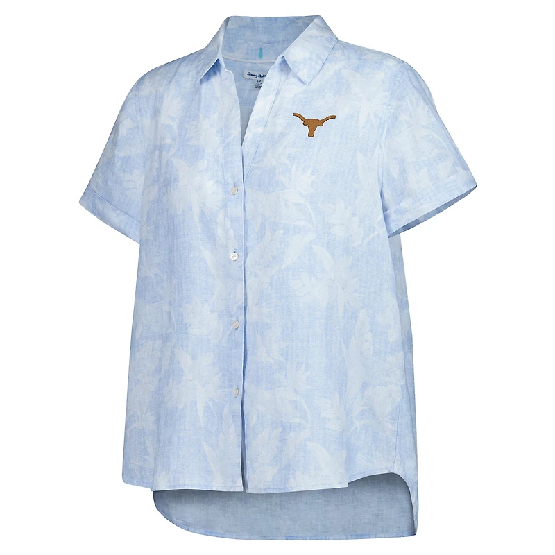 Chemise boutonnée Tommy Bahama pour femmes Texas Longhorns Legacy Leaves Camp bleu clair