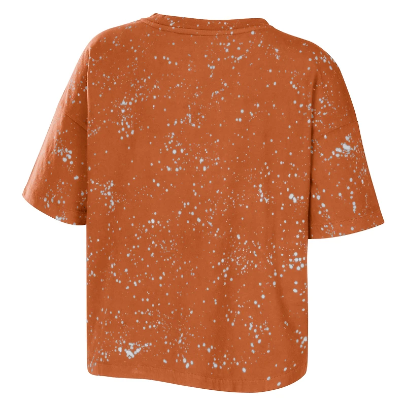 Women's WEAR by Erin Andrews Texas Orange Longhorns Bleach Wash Splatter Cropped Notch Neck T-Shirt
