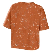 Women's WEAR by Erin Andrews Texas Orange Longhorns Bleach Wash Splatter Cropped Notch Neck T-Shirt