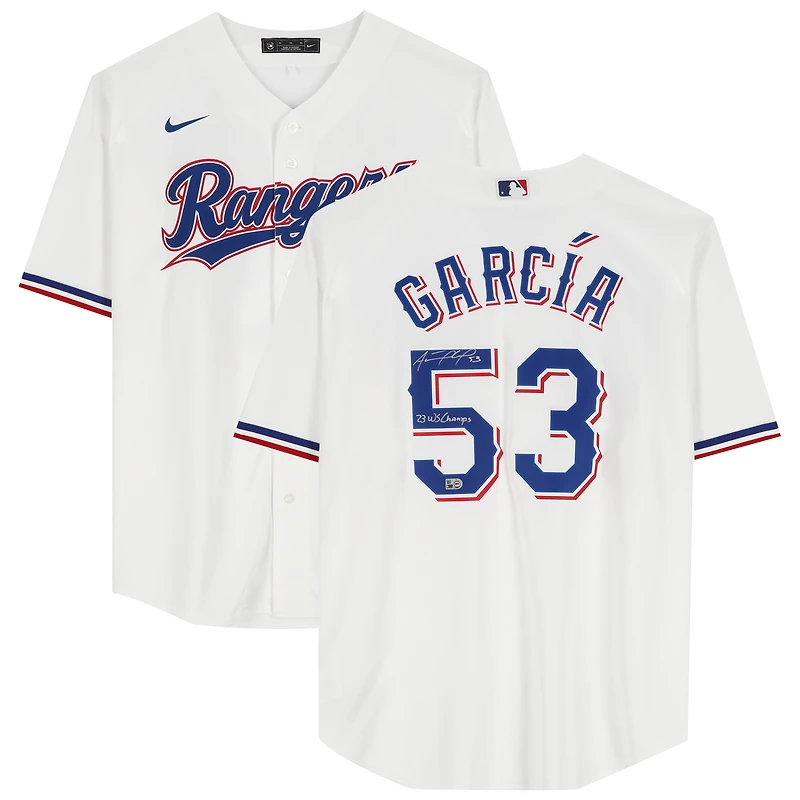 Adolis Garcia Texas Rangers Autographed White Nike Replica Jersey with "23 WS Champs" Inscription
