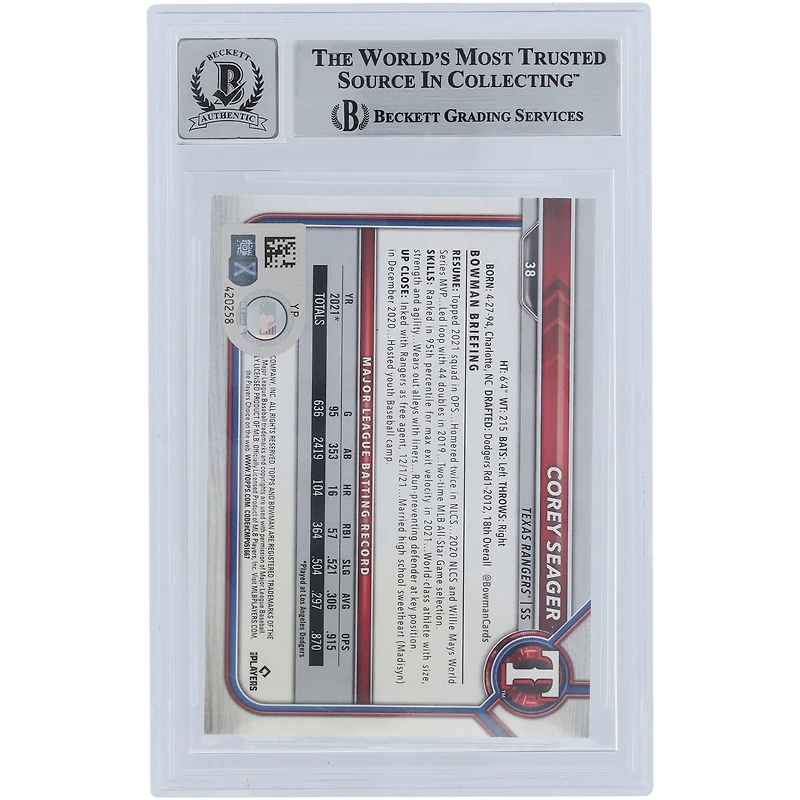 Corey Seager Texas Rangers Autographed 2022 Bowman #38 Beckett Fanatics Witnessed Authenticated 10 Card