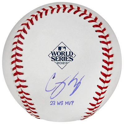 Corey Seager, champion des World Series 2023, a dédicacé le logo de Rawlings Baseball avec l'inscription « 23 WS MVP » des Texas Rangers