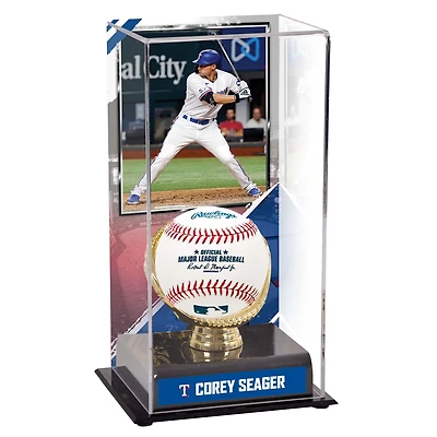 Vitrine de présentation des gants dorés des Texas Rangers de Corey Seager avec image