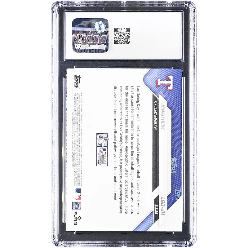 Carte authentifiée CGC 9.5 de Jonah Heim, Texas Rangers, édition spéciale 2025 Topps Now Lou Gehrig Day #LGD-JH