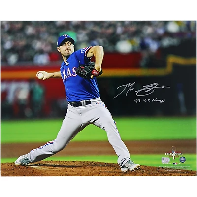 Photographie de 16" x 20" dédicacée par Max Scherzer des Texas Rangers, champions de la Série mondiale 2023, avec l'inscription "23 WS Champs"