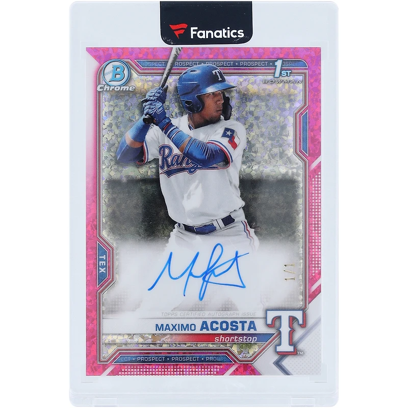Maximo Acosta Texas Rangers Autographed 2021 Bowman Chrome 1st Bowman Pink Refractor #BSPA-MAC #1/1 Card