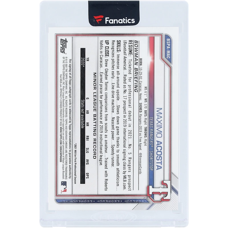 Carte autographiée Maximo Acosta Texas Rangers 2021 Bowman Chrome 1ère édition Bowman Pink Refractor #BSPA-MAC #1/1