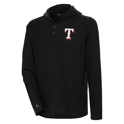 Men's Antigua  Black Texas Rangers Strong Hold Long Sleeve Henley Hoodie T-Shirt