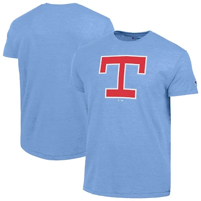 T-shirt Champion bleu clair pour homme, logo Cooperstown des Texas Rangers, mélange de trois matières