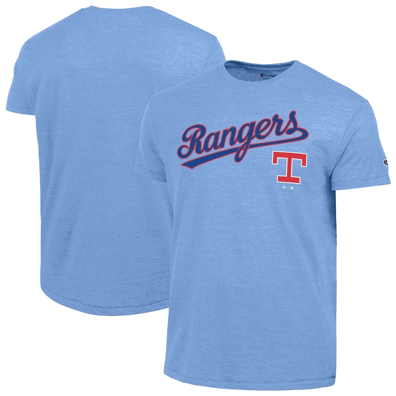 T-shirt Champion bleu clair pour homme, logo Cooperstown des Texas Rangers, en mélange de trois matières.