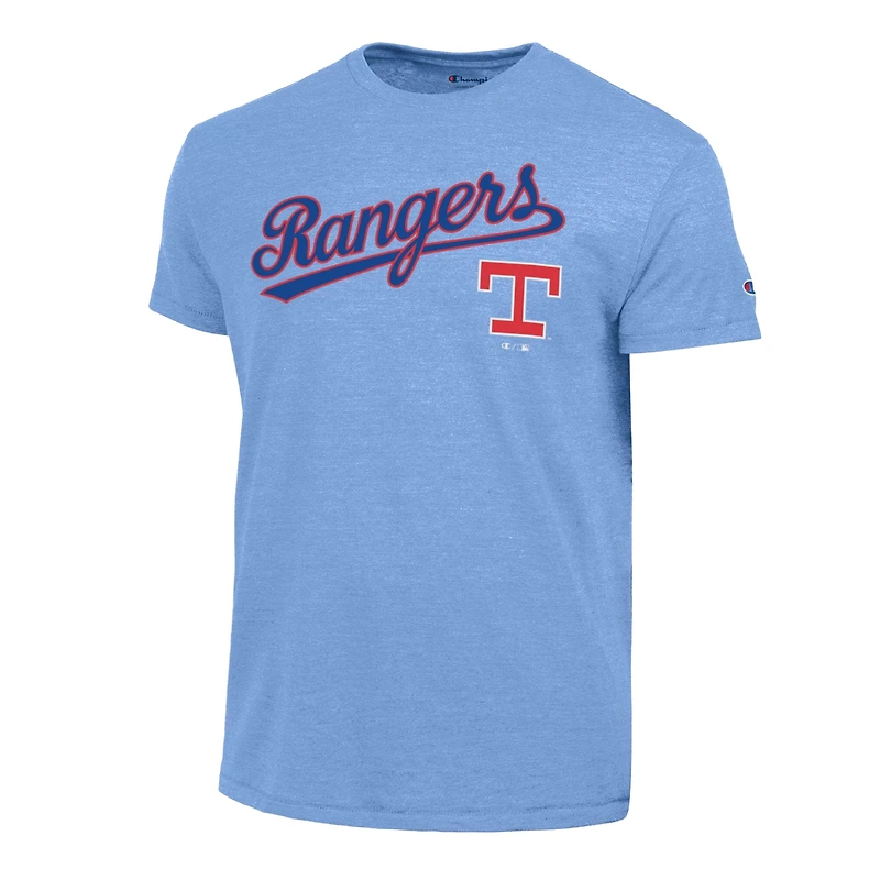 T-shirt Champion bleu clair pour homme, logo Cooperstown des Texas Rangers, en mélange de trois matières.