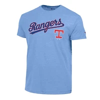 T-shirt Champion bleu clair pour homme, logo Cooperstown des Texas Rangers, en mélange de trois matières.