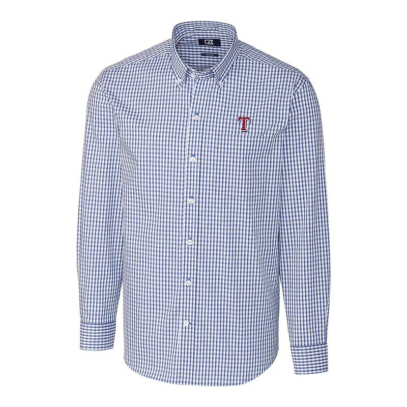 Chemise boutonnée à manches longues et col montant pour homme, style vichy extensible, Cutter & Buck Royal Texas Rangers, grandes tailles