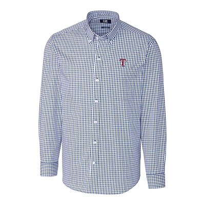 Chemise boutonnée à manches longues et col montant pour homme, style vichy extensible, Cutter & Buck Royal Texas Rangers, grandes tailles