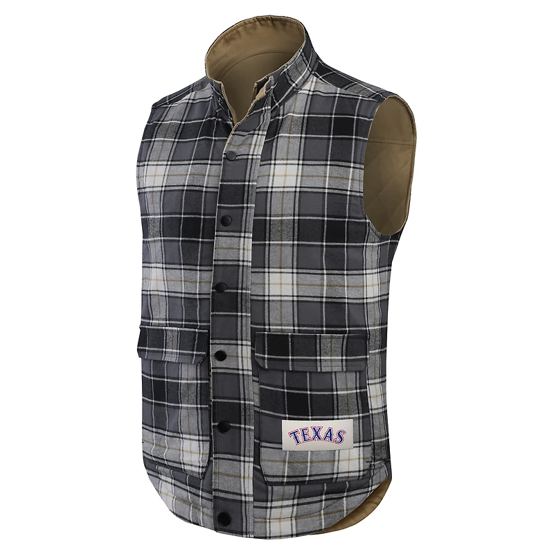 Men's Darius Rucker Collection by Fanatics Tan/Charcoal Texas Rangers Reversible Canvas & Plaid Patch Full-Zip Vest
