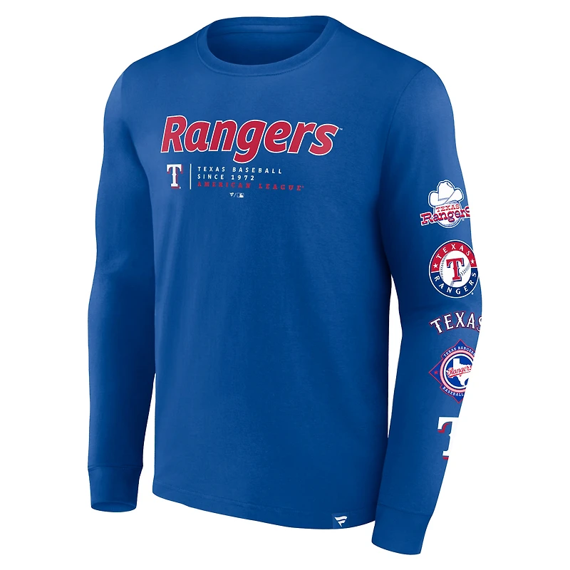 T-shirt à manches longues Fanatics Royal Texas Rangers Strike the Goal pour hommes