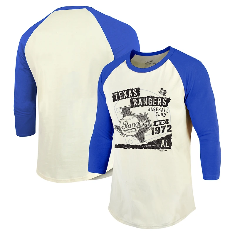 T-shirt raglan à manches 3/4 Majestic Threads pour hommes, crème/Royal Texas Rangers