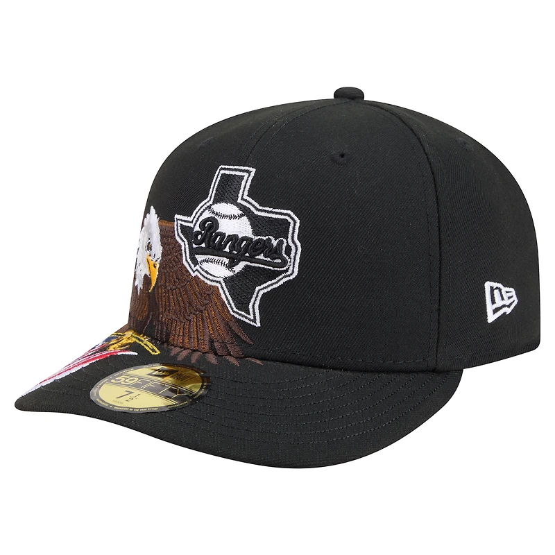 Casquette ajustée New Era 59FIFTY noire pour homme, modèle Texas Rangers Americana avec aigle à tête blanche.