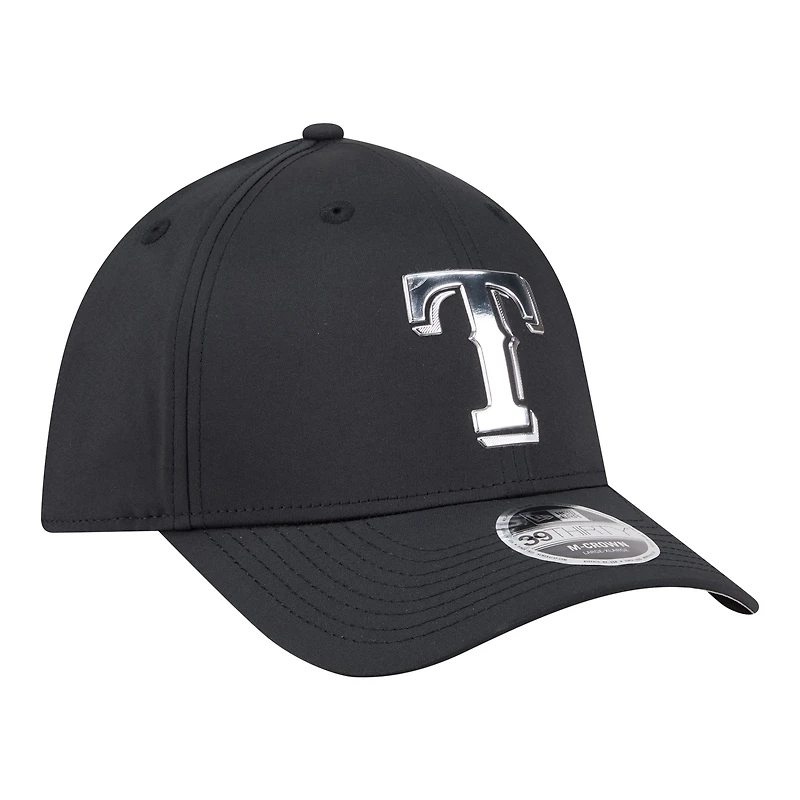 Casquette New Era noire pour homme Texas Rangers métallisée 39THIRTY M-Crown Flex