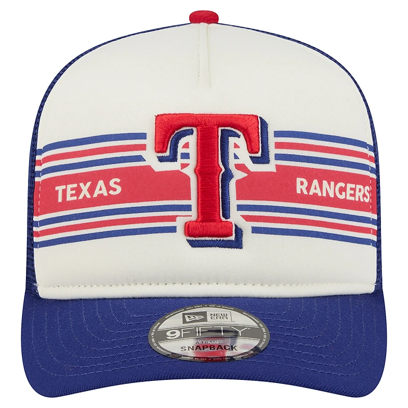 Casquette snapback A-Frame 9FIFTY Trucker pour homme New Era crème/bleu royal Texas Rangers Banner