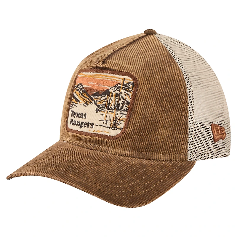 Men's New Era Dark Brown Texas Rangers Vintage Landscape 9TWENTY A-Frame Adjustable Trucker Hat