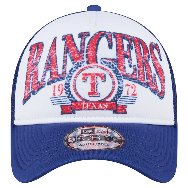 Casquette ajustable New Era 9FORTY blanche/bleue pour homme, style camionneur Texas Rangers
