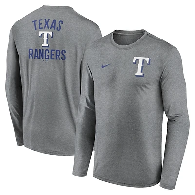 T-shirt Nike à manches longues pour homme, coloris charbon chiné, Texas Rangers, 2-Hit Legend Performance