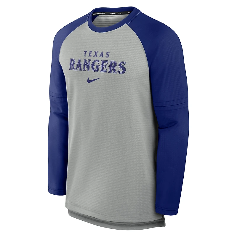 T-shirt à manches longues Nike pour homme, gris chiné/Royal Texas Rangers Authentic Collection Game Time Raglan Performance