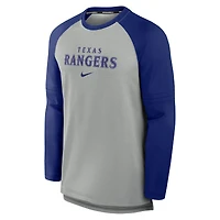 Men's Nike Heather Gray/Royal Texas Rangers Authentic Collection Game Time Raglan Performance Long Sleeve T-Shirt