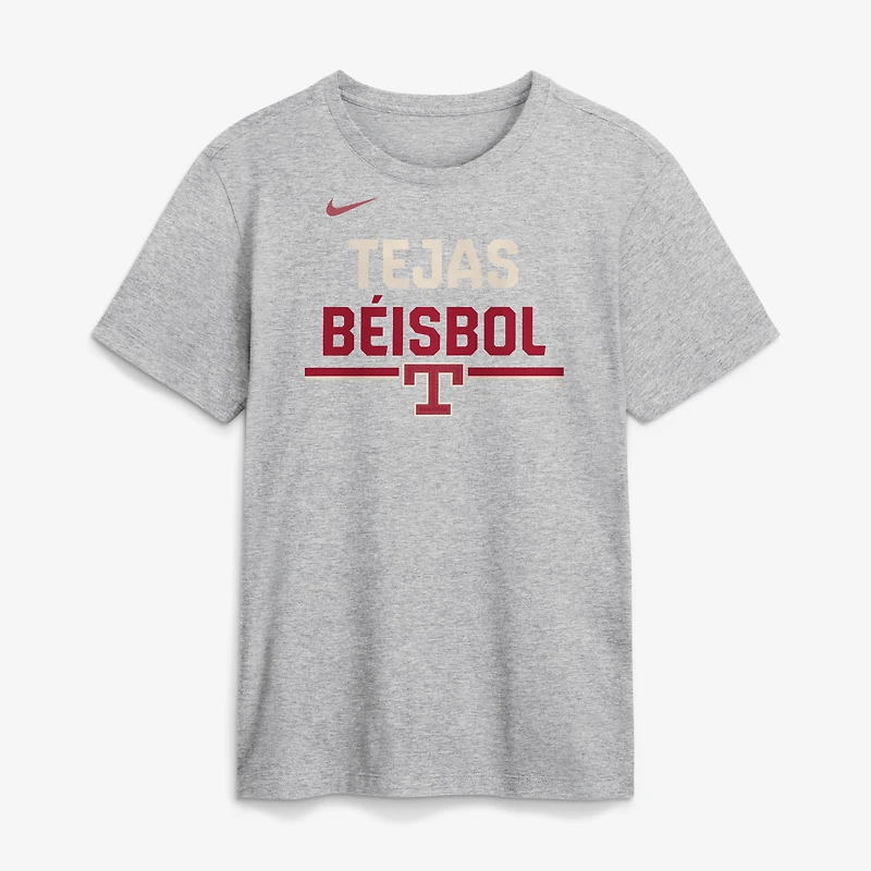 T-shirt Nike pour homme, gris chiné, Texas Rangers City Connect, avec slogan de l'équipe