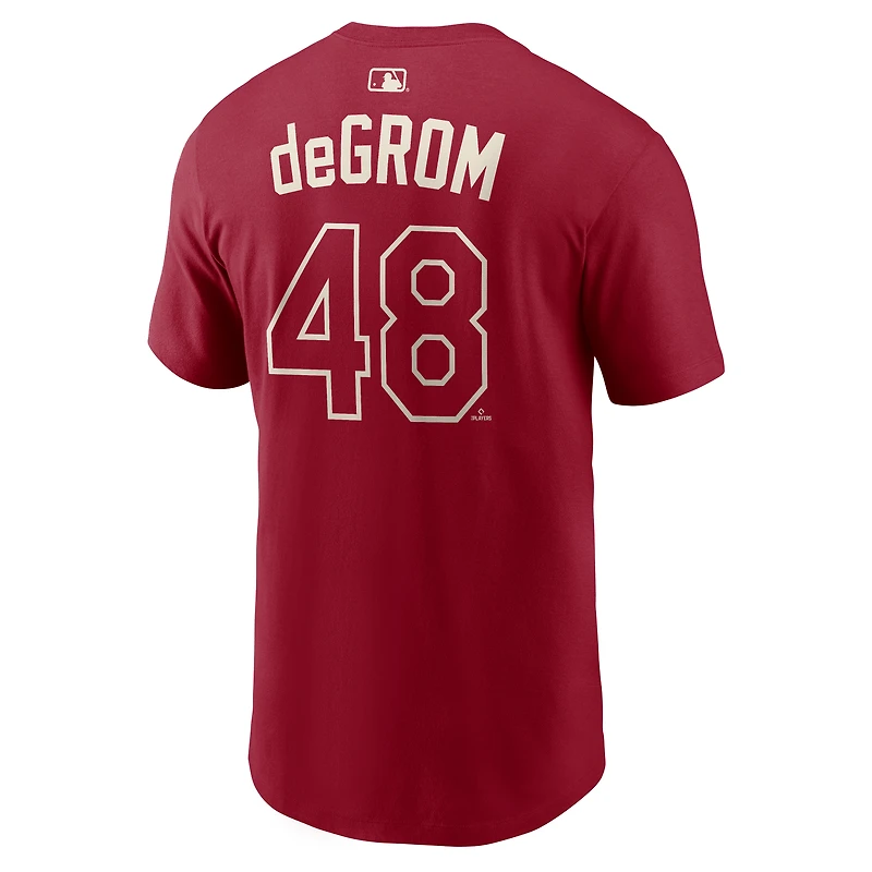 Men's Nike Jacob deGrom Red Texas Rangers 2026 City Connect Name & Number T-Shirt