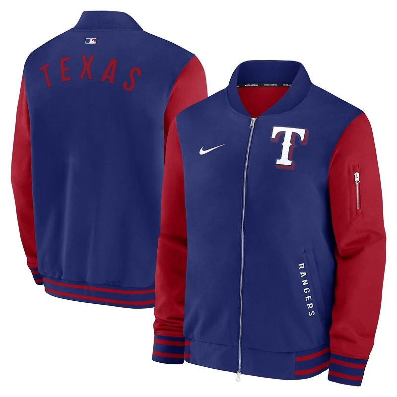 Men's Nike Royal/Red Texas Rangers Authentic Collection Dugout Relaxed Full-Zip Bomber Jacket