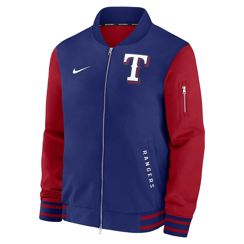 Men's Nike Royal/Red Texas Rangers Authentic Collection Dugout Relaxed Full-Zip Bomber Jacket