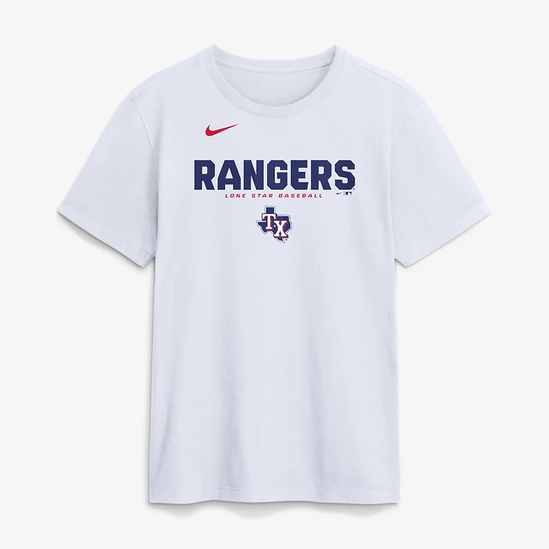 T-shirt Nike blanc pour homme avec le nom de l'équipe en gras des Texas Rangers