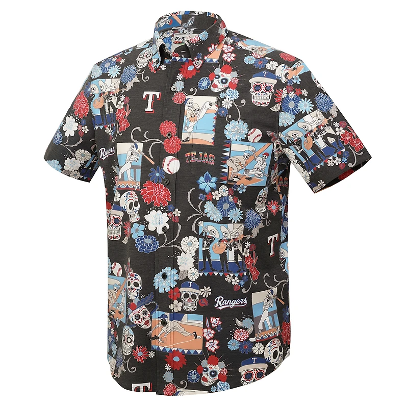 Chemise boutonnée à trois mélanges Reyn Spooner noire des Texas Rangers Día De Los Muertos pour hommes