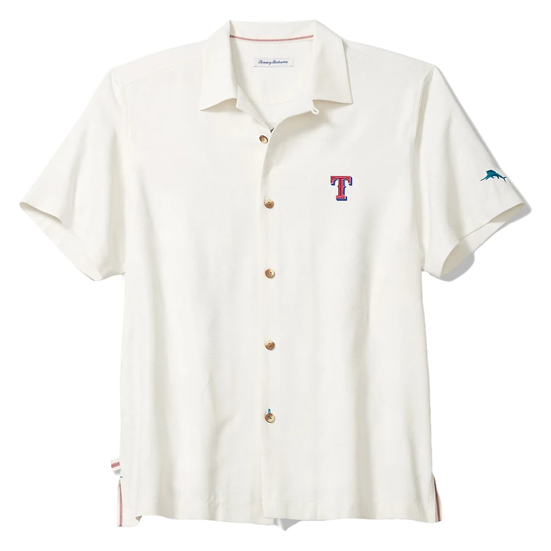 Men's Tommy Bahama White Texas Rangers Island Fly Ball Camp COOLMAX Tri-Blend Button-Up Shirt