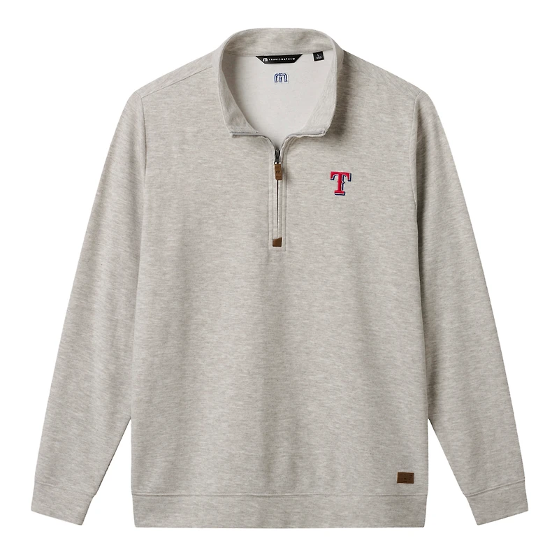 Pull TravisMathew pour homme, gris chiné, Texas Rangers Cloud, modèle domicile, col zippé, en mélange de trois matières.