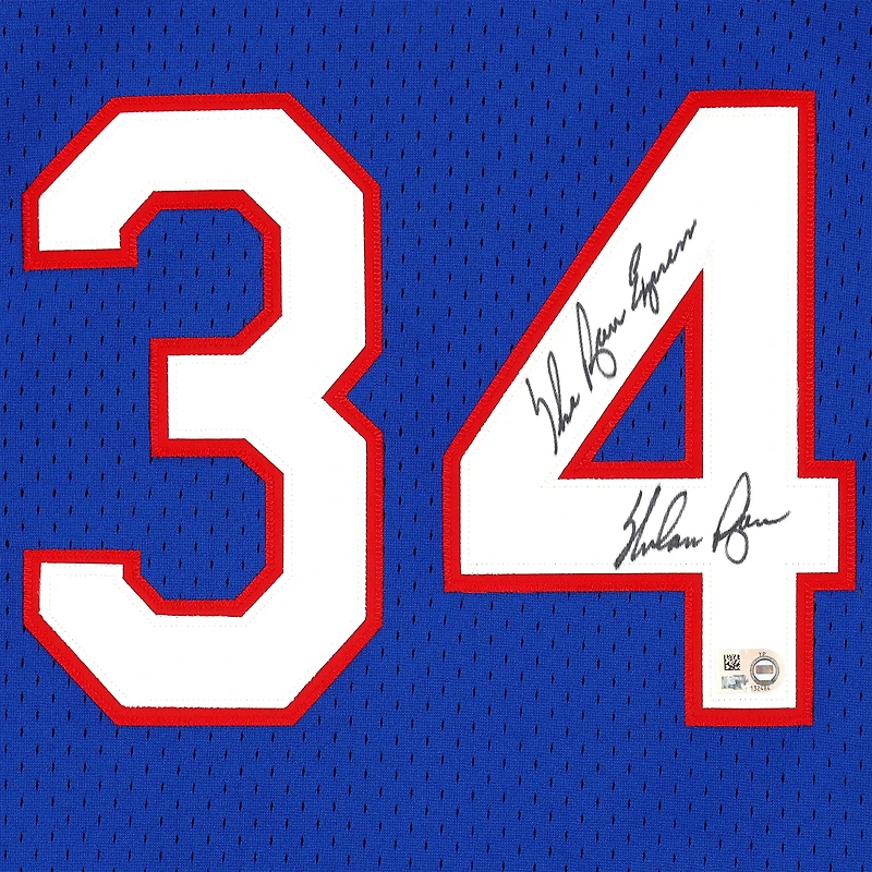Maillot authentique Mitchell & Ness autographié par Nolan Ryan, joueur des Royal Texas Rangers, avec inscription « The Ryan Express ».