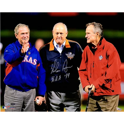 Nolan Ryan Texas Rangers autographié 16" x 20" avec la photo du président et l'inscription "HOF 99"