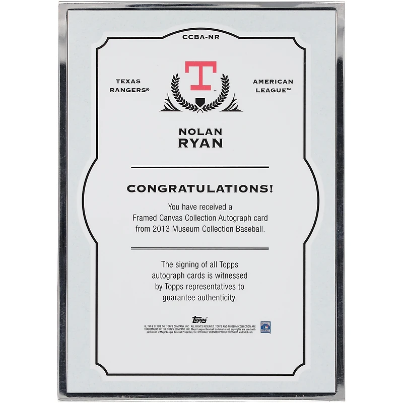 Carte encadrée autographiée Nolan Ryan Texas Rangers 2013 Topps Museum Collection #CCBA-NR #5/5