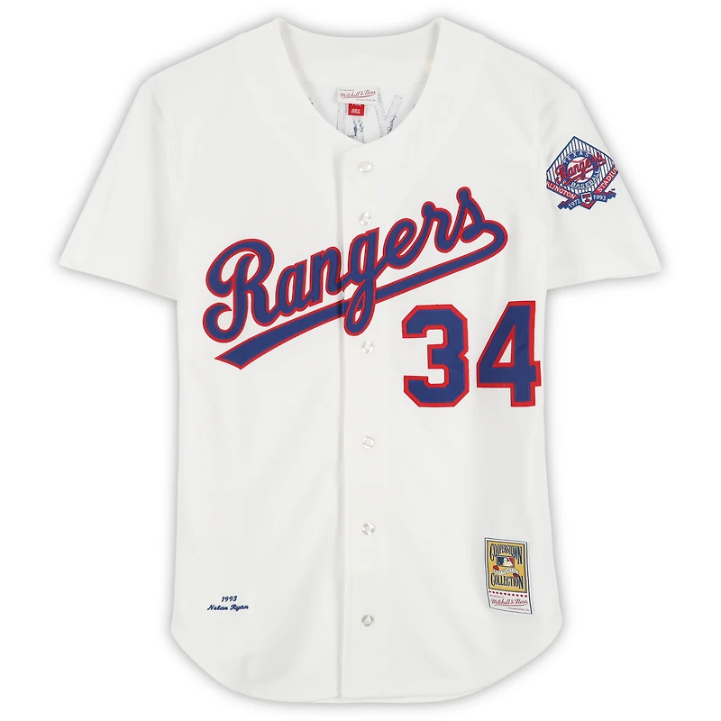 Maillot blanc authentique Mitchell & Ness 1993 autographié par Nolan Ryan des Texas Rangers
