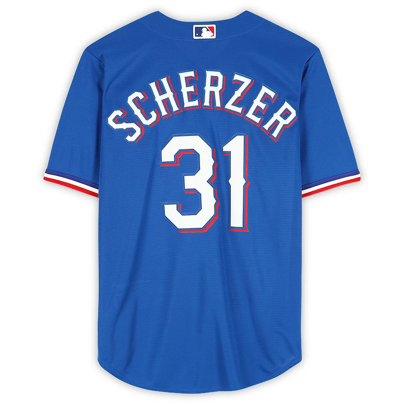Maillot Nike Max Scherzer bleu multi-signé des champions de la série mondiale MLB 2023 des Texas Rangers avec 8 signatures dont Corey Seager, Adolis Garcia et Max Scherzer - Édition limitée à 10